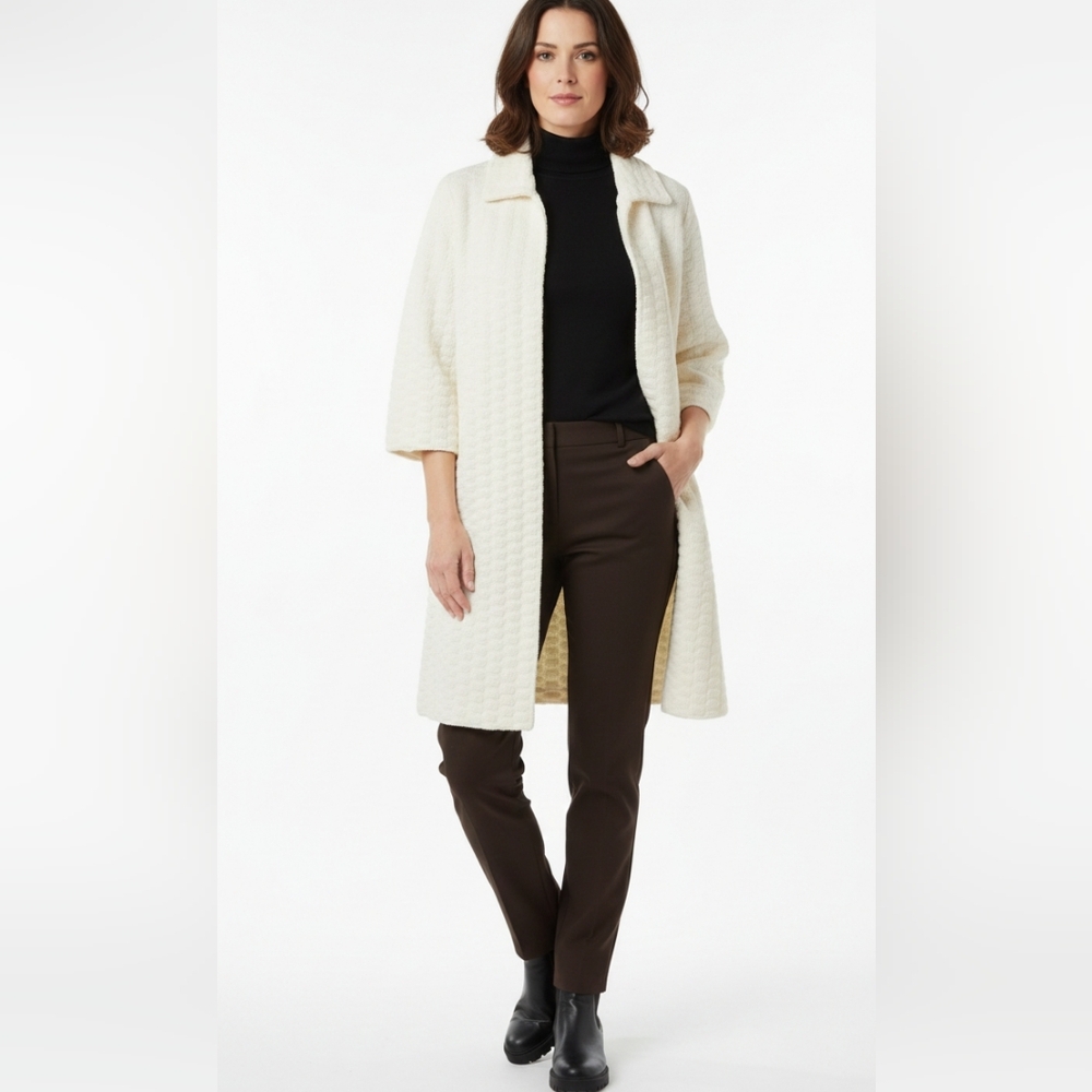 Vintage 60s Cream Longline Knit Cardigan Coat 3/4 Sleeve Open Front M Hepburn